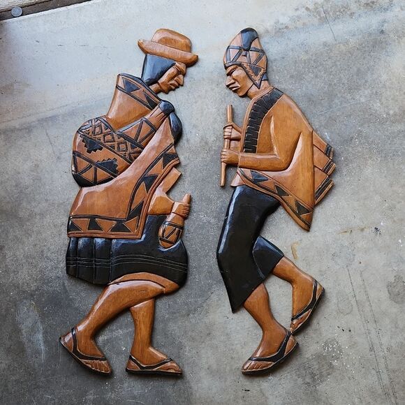 La Paz Bolivia Hand Carved Wooden Wall Hanging 1982 Set of 2